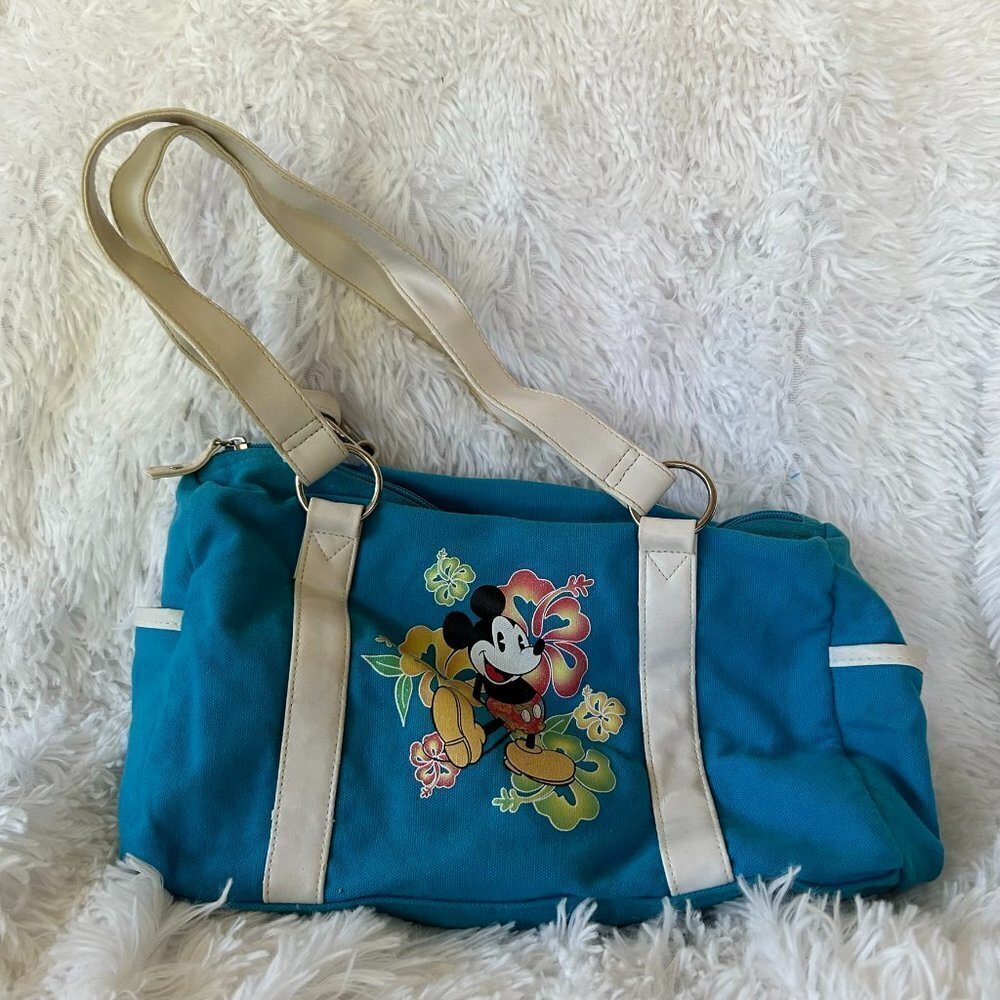Disney Handbag Blue Womens Purse Hawaiian Aloha Mickey Zip Close VTG 90s